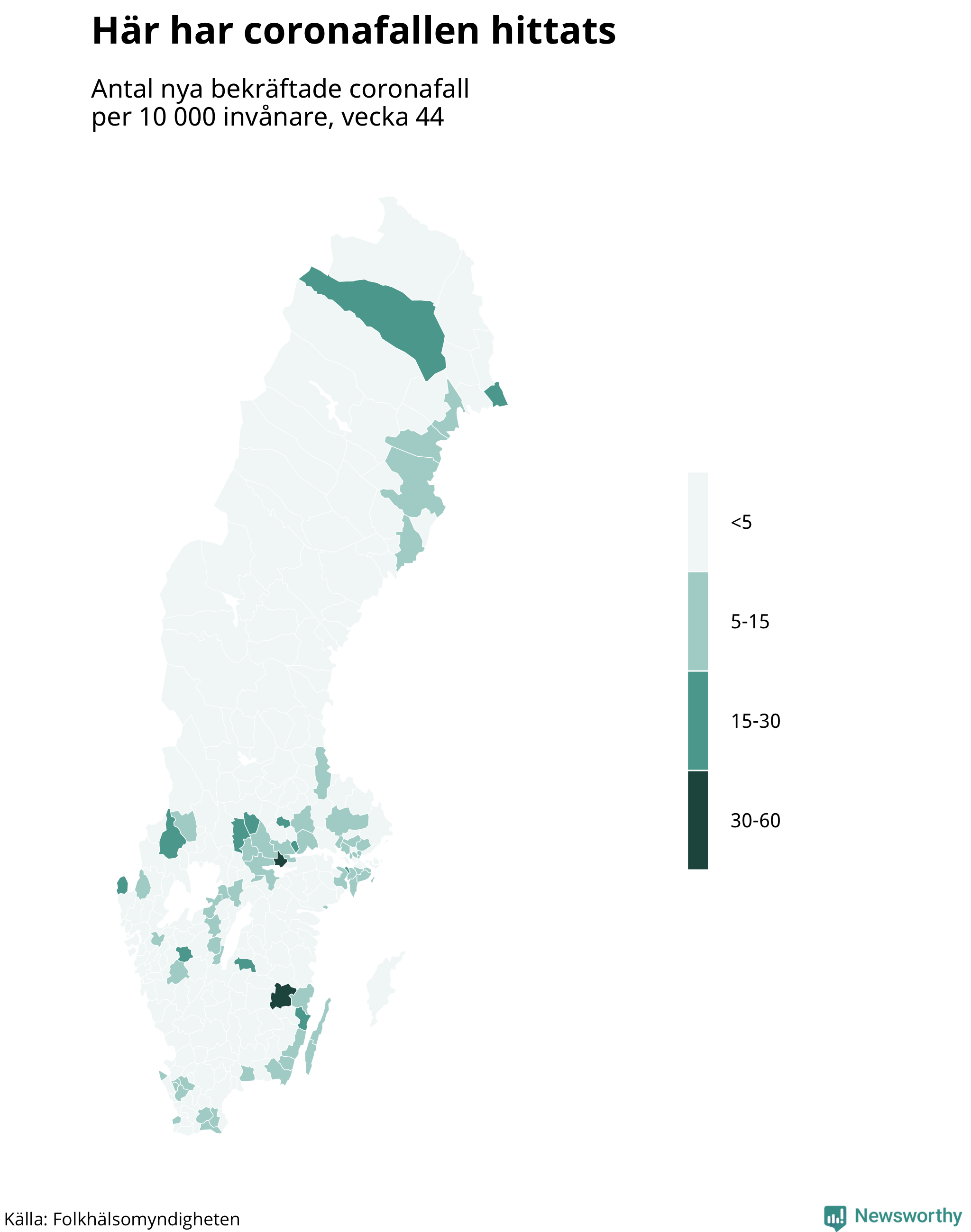 Sverigekarta över var de senaste fallen har hittats