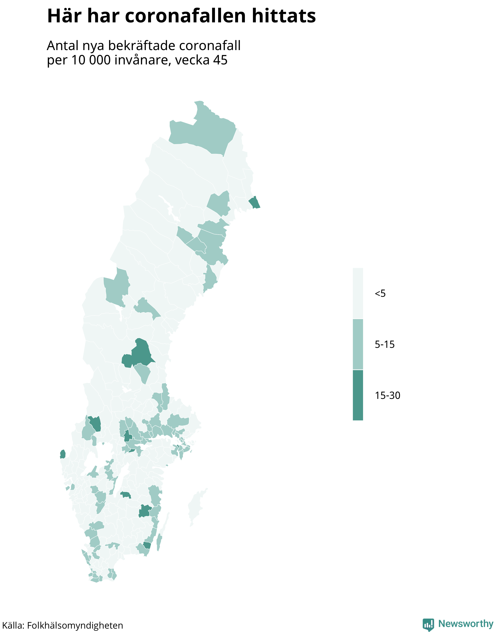 Sverigekarta över var de senaste fallen har hittats