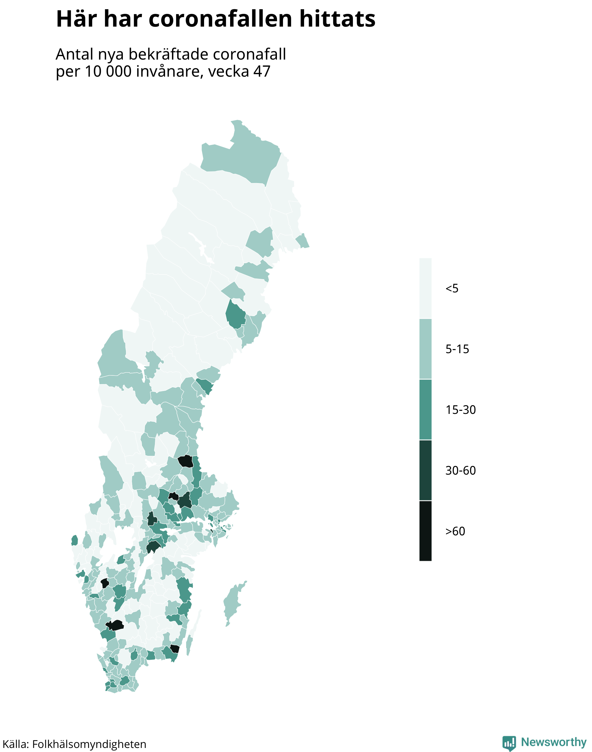 Sverigekarta över var de senaste fallen har hittats