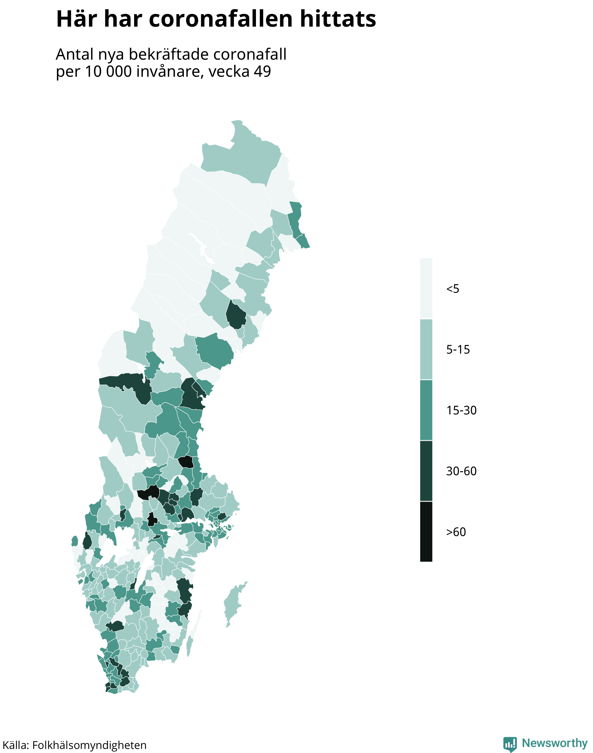 Sverigekarta över var de senaste fallen har hittats