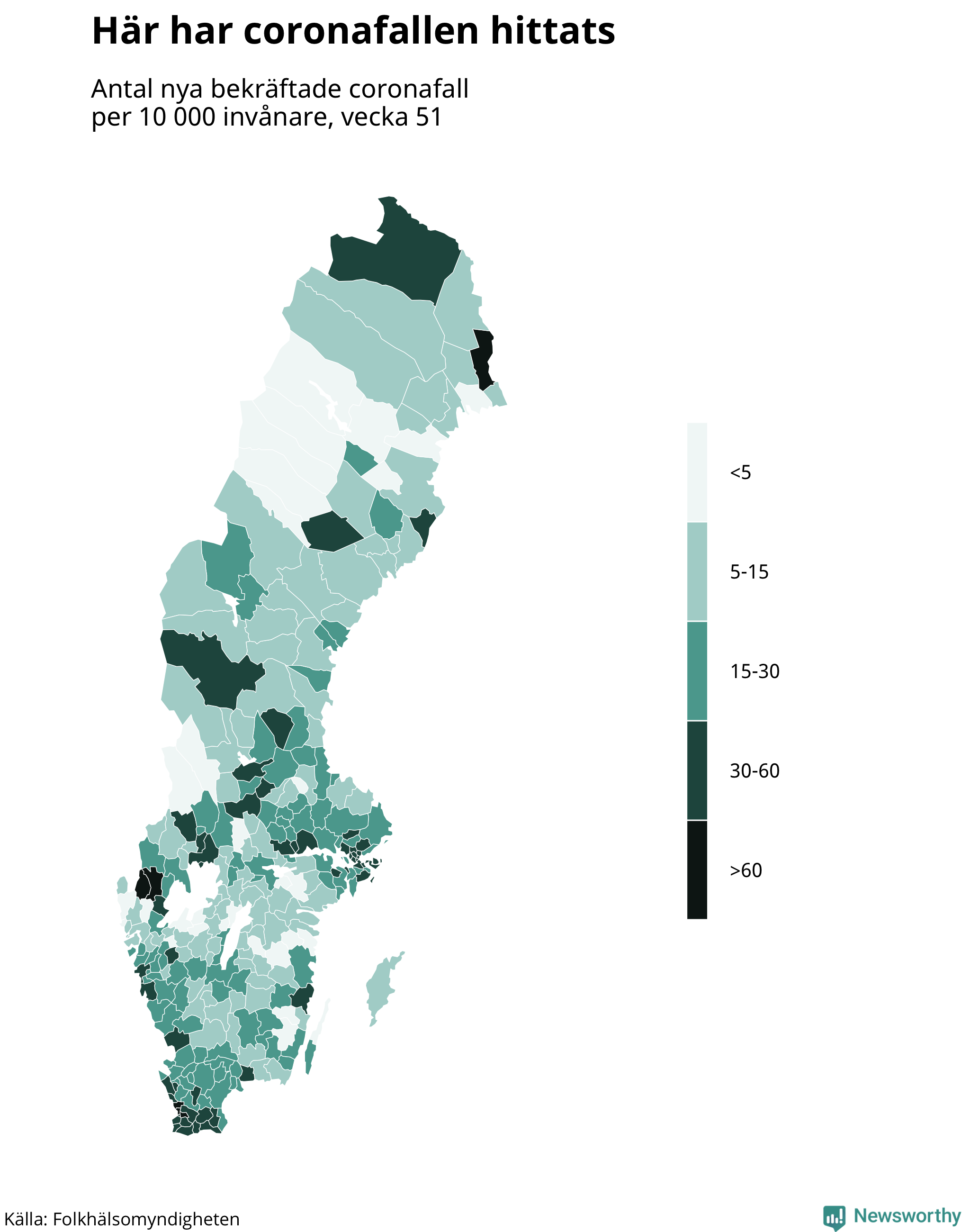 Sverigekarta över var de senaste fallen har hittats
