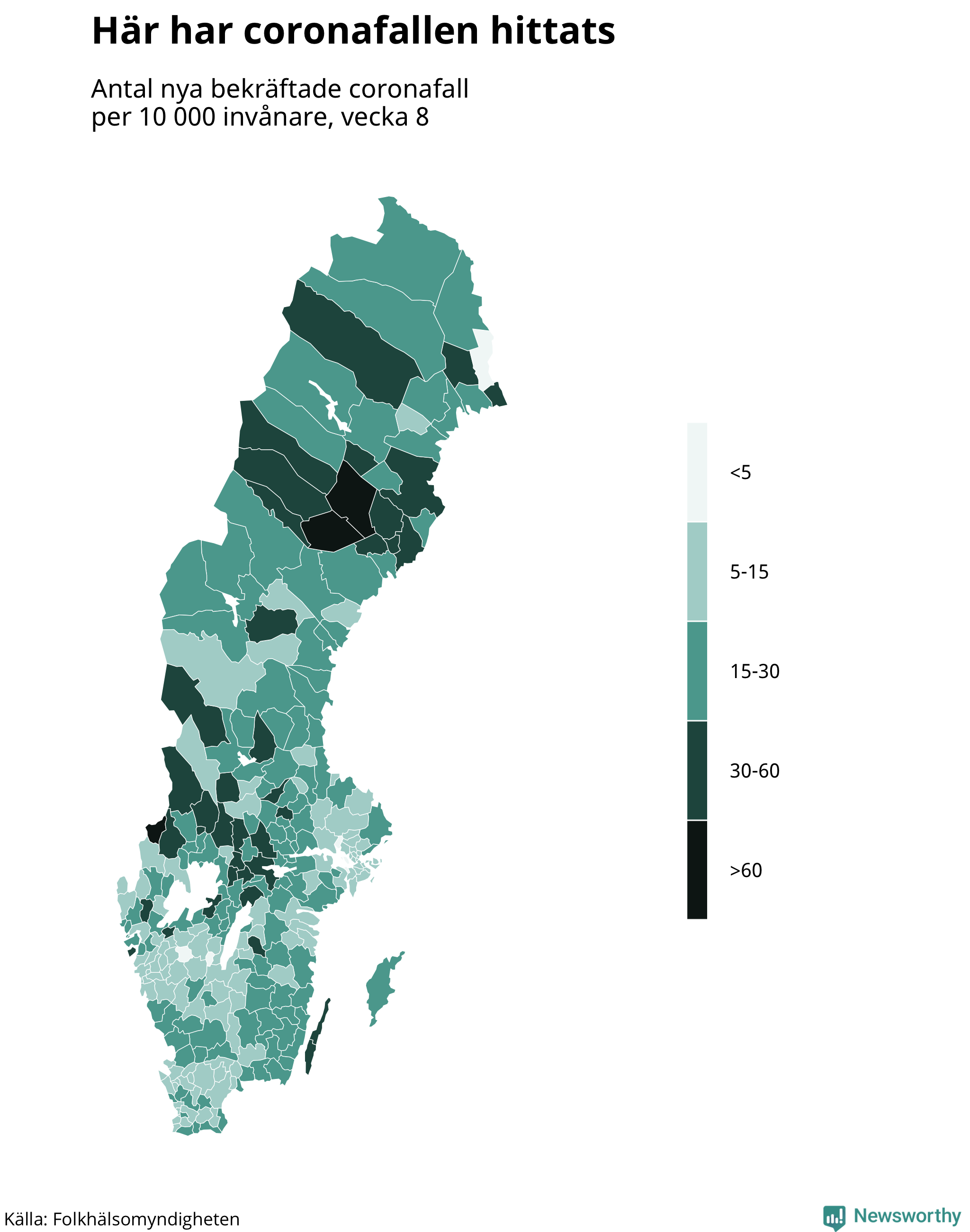 Sverigekarta över var de senaste fallen har hittats