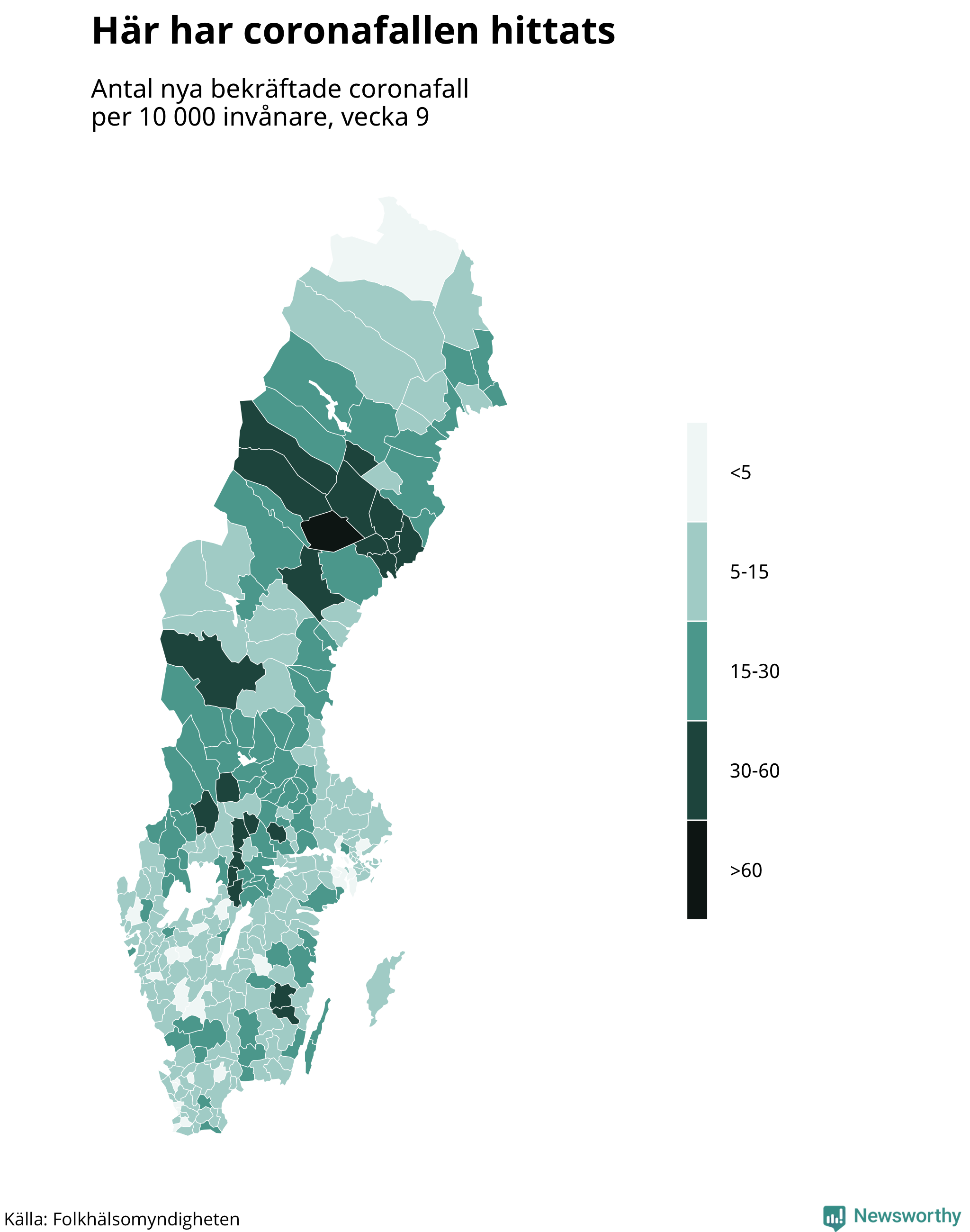 Sverigekarta över var de senaste fallen har hittats