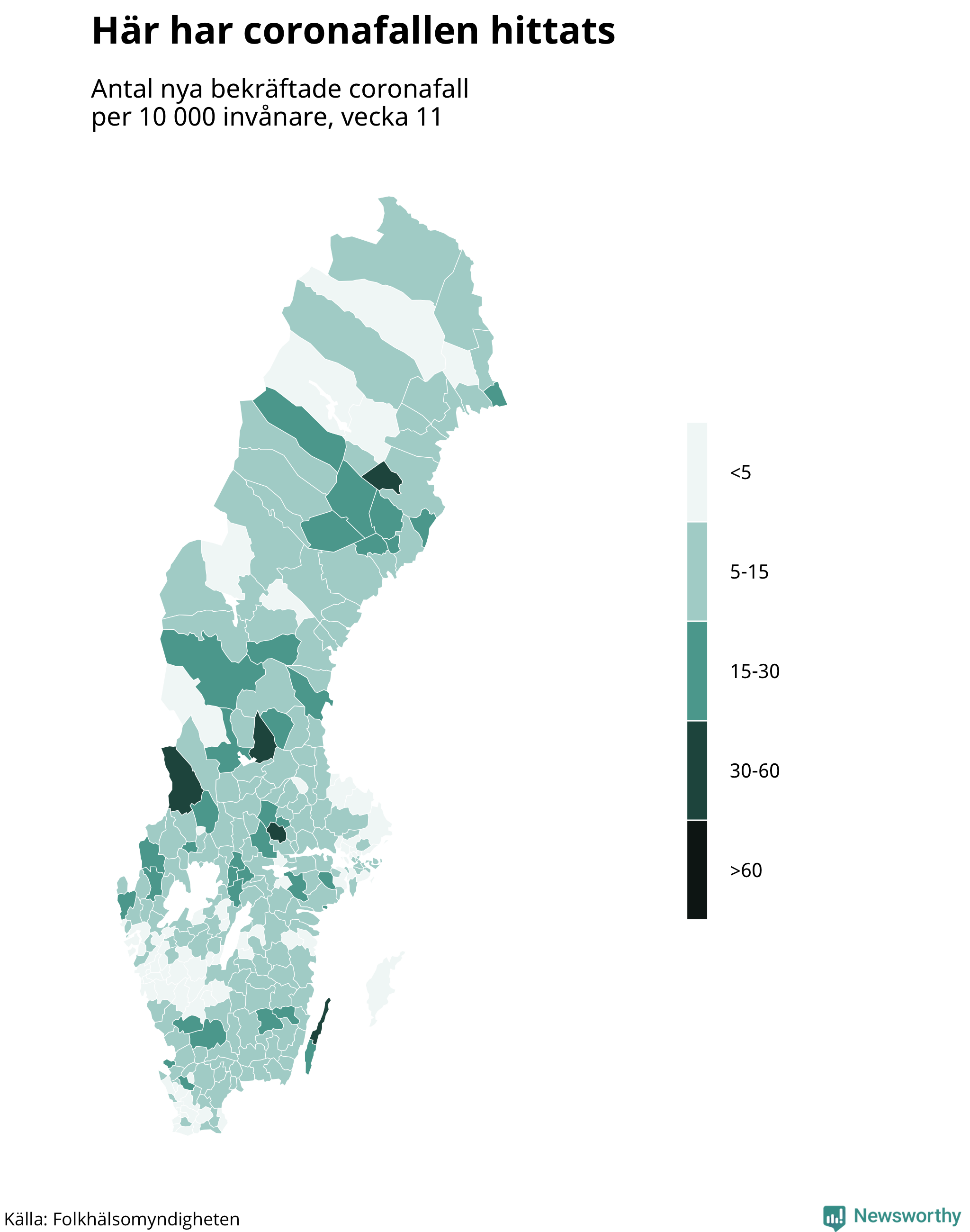 Sverigekarta över var de senaste fallen har hittats