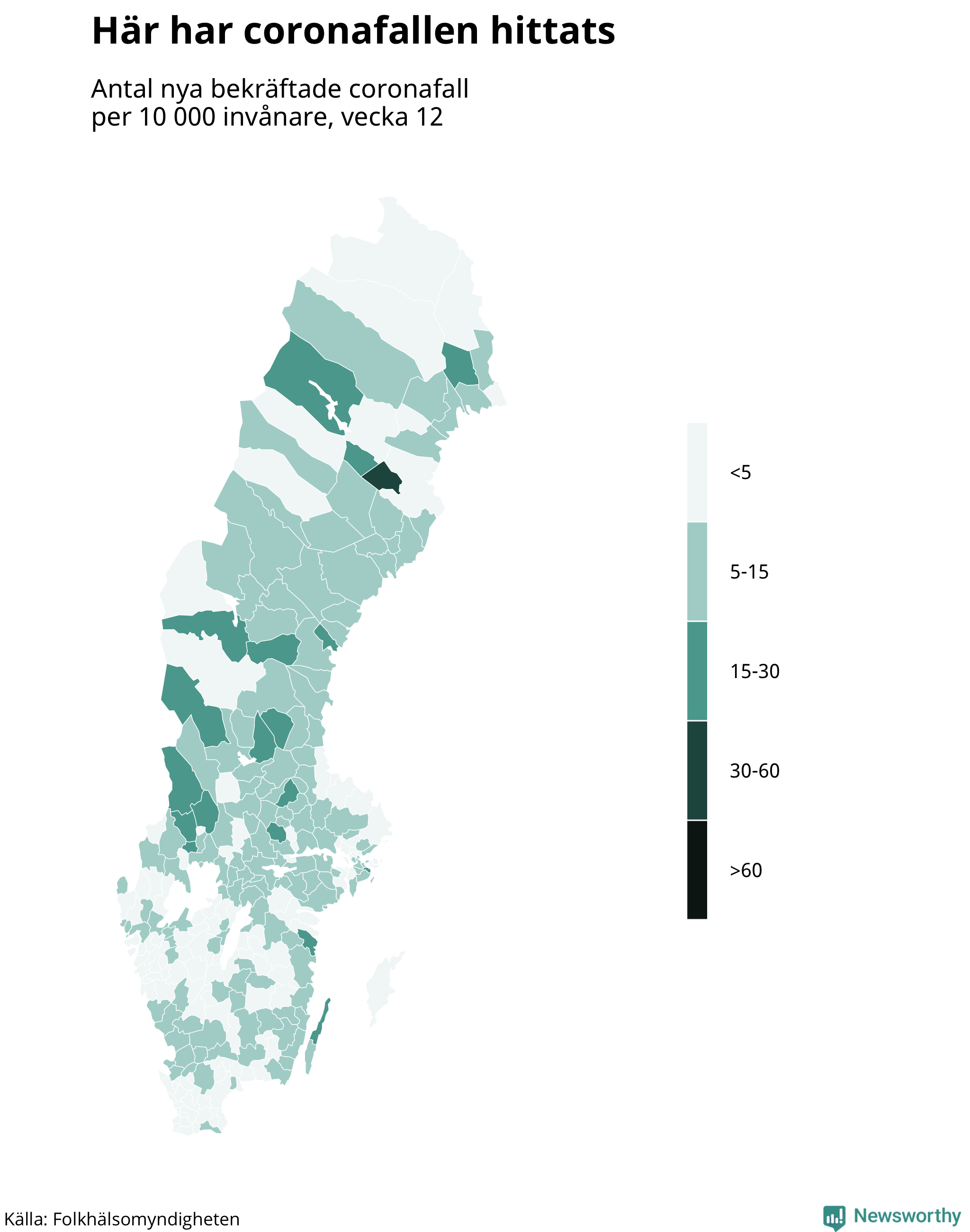 Sverigekarta över var de senaste fallen har hittats