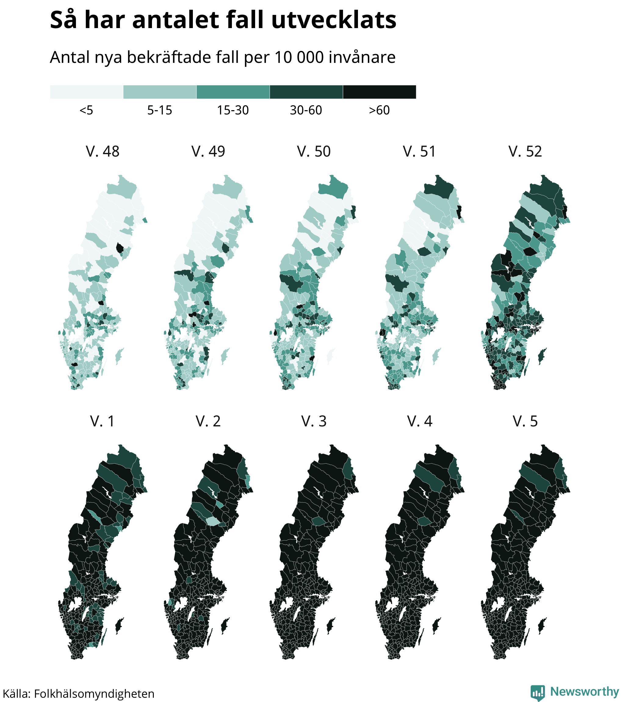 Sverigekarta över var de senaste fallen har hittats