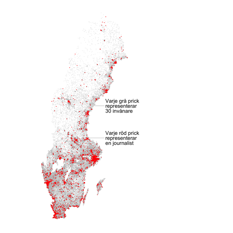 Sverigekarta med landets alla journalister utplottade
