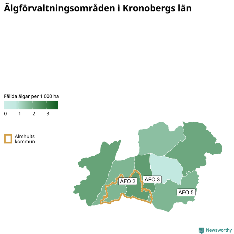 Fällda älgar per 1 000 hektar Kronobergs län