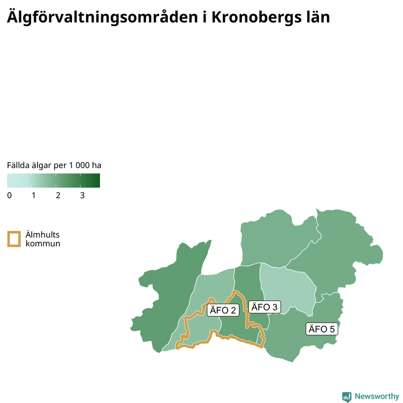 Fällda älgar per 1&nbsp;000 hektar Kronobergs län