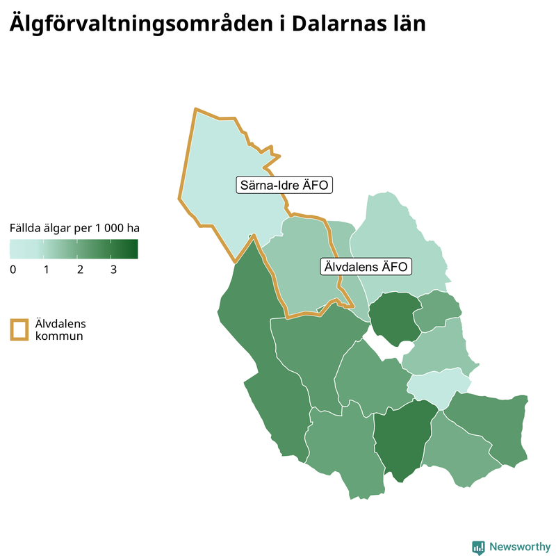Fällda älgar per 1&nbsp;000 hektar Dalarnas län