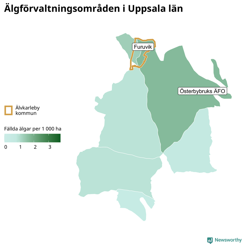 Fällda älgar per 1&nbsp;000 hektar Uppsala län
