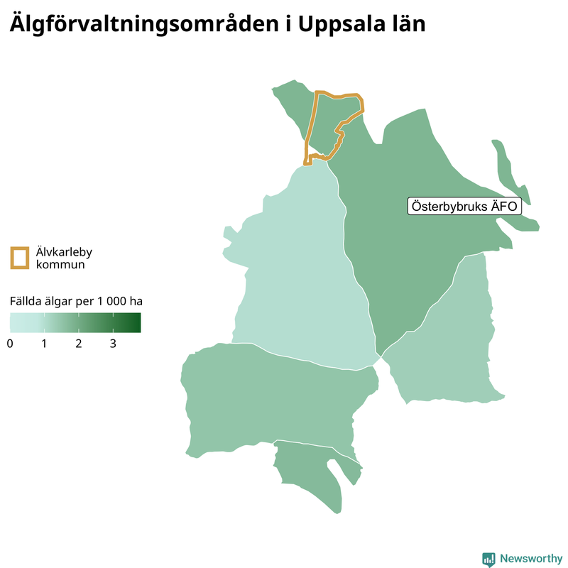 Fällda älgar per 1&nbsp;000 hektar Uppsala län
