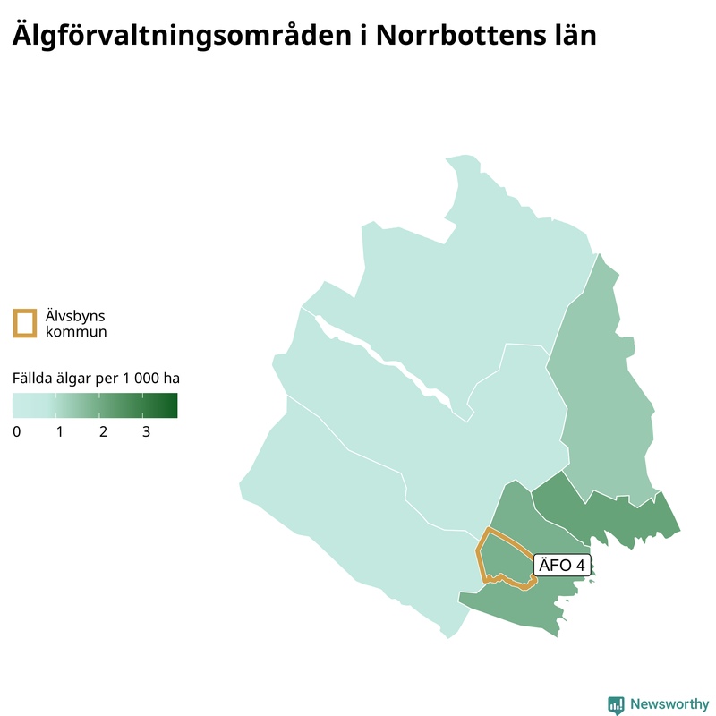 Fällda älgar per 1 000 hektar Norrbottens län