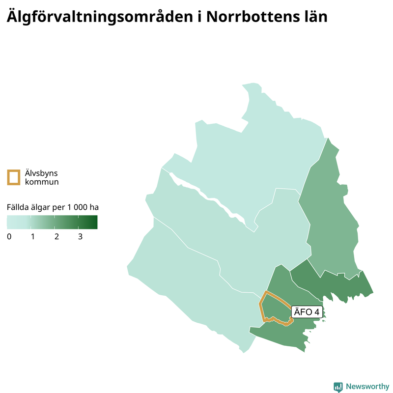 Fällda älgar per 1&nbsp;000 hektar Norrbottens län