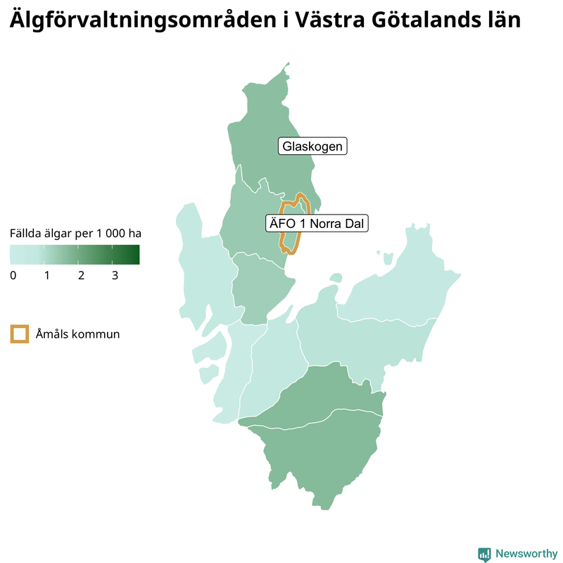 Fällda älgar per 1&nbsp;000 hektar Västra Götalands län