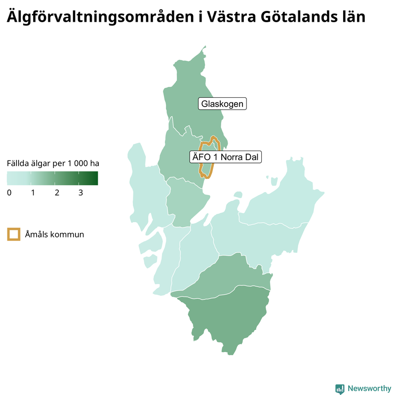 Fällda älgar per 1&nbsp;000 hektar Västra Götalands län
