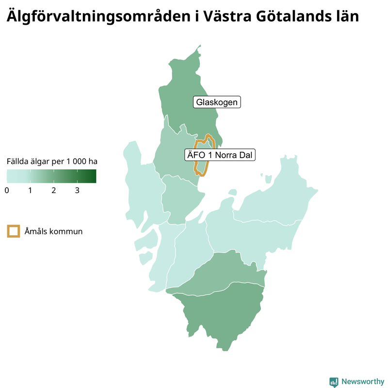 Fällda älgar per 1&nbsp;000 hektar Västra Götalands län