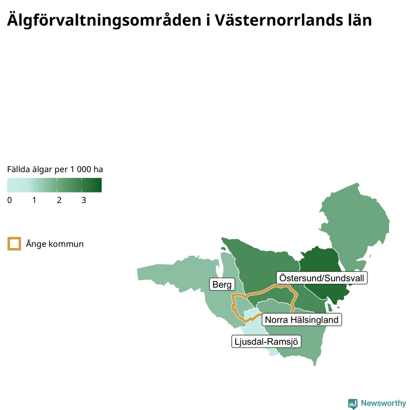 Fällda älgar per 1&nbsp;000 hektar Västernorrlands län