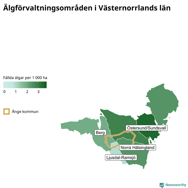 Fällda älgar per 1&nbsp;000 hektar Västernorrlands län