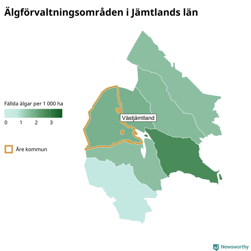 Fällda älgar per 1 000 hektar Jämtlands län