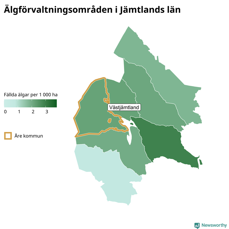 Fällda älgar per 1&nbsp;000 hektar Jämtlands län