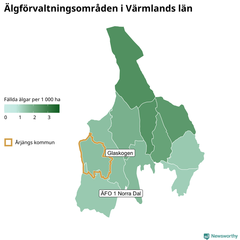 Fällda älgar per 1&nbsp;000 hektar Värmlands län