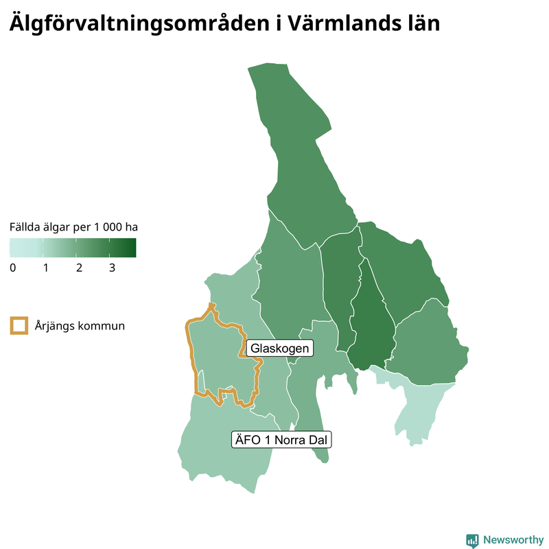 Fällda älgar per 1&nbsp;000 hektar Värmlands län
