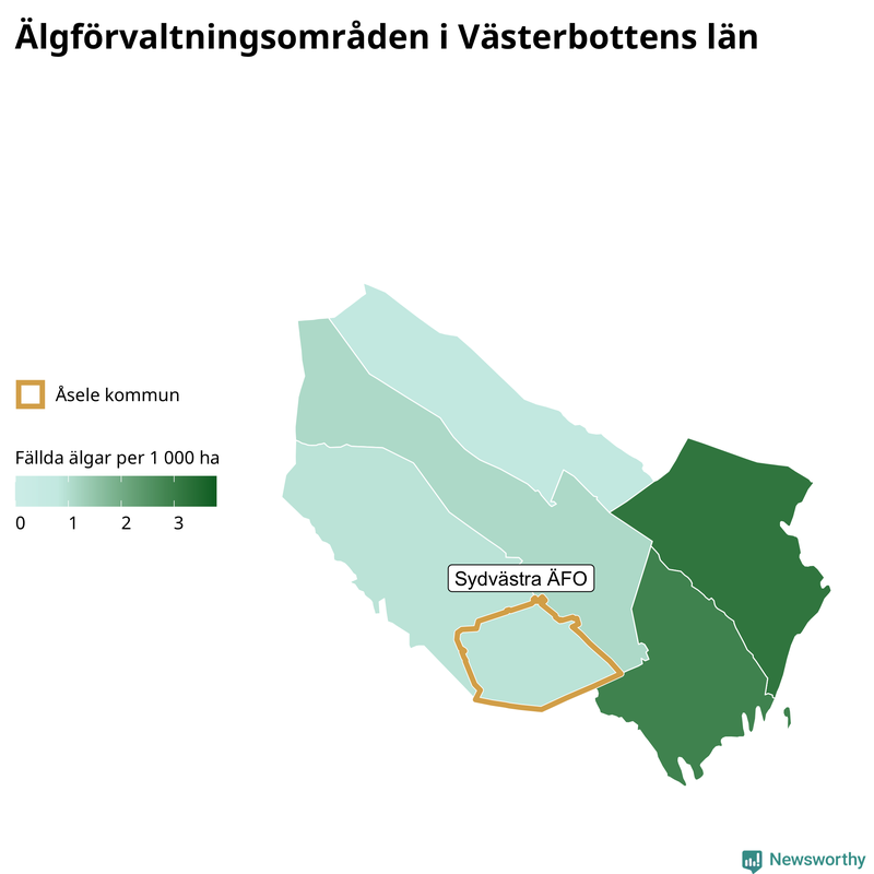 Fällda älgar per 1&nbsp;000 hektar Västerbottens län