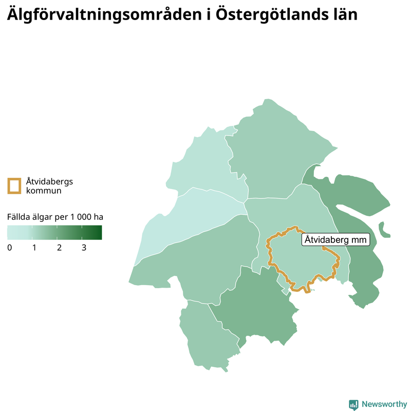 Fällda älgar per 1 000 hektar Östergötlands län