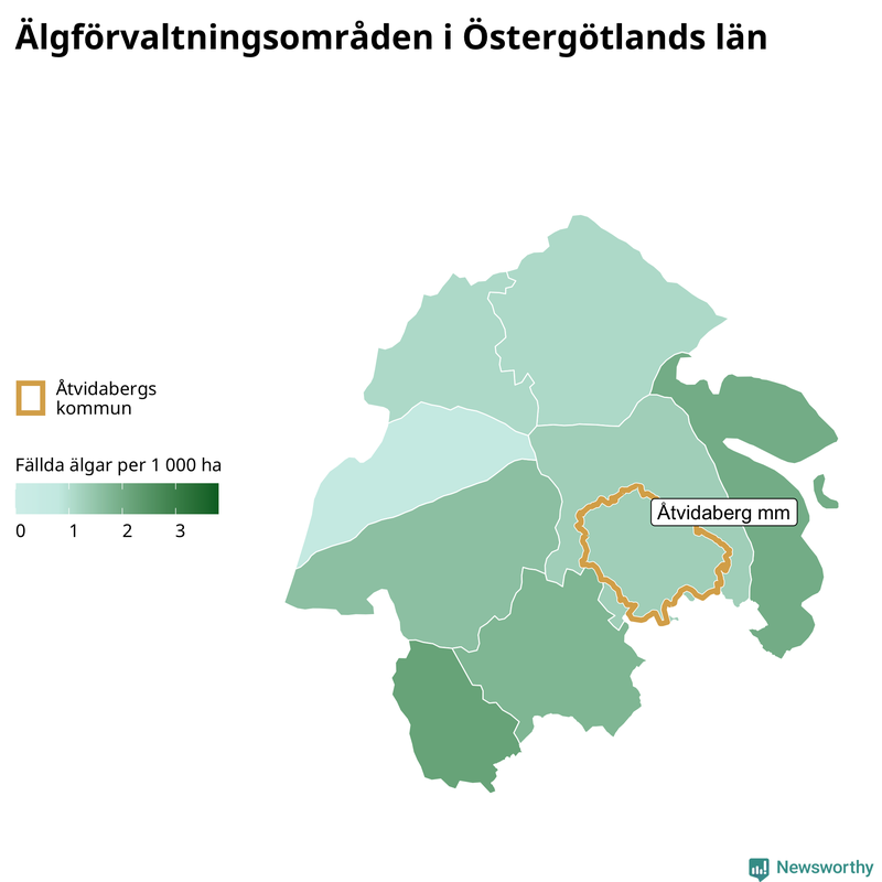 Fällda älgar per 1&nbsp;000 hektar Östergötlands län
