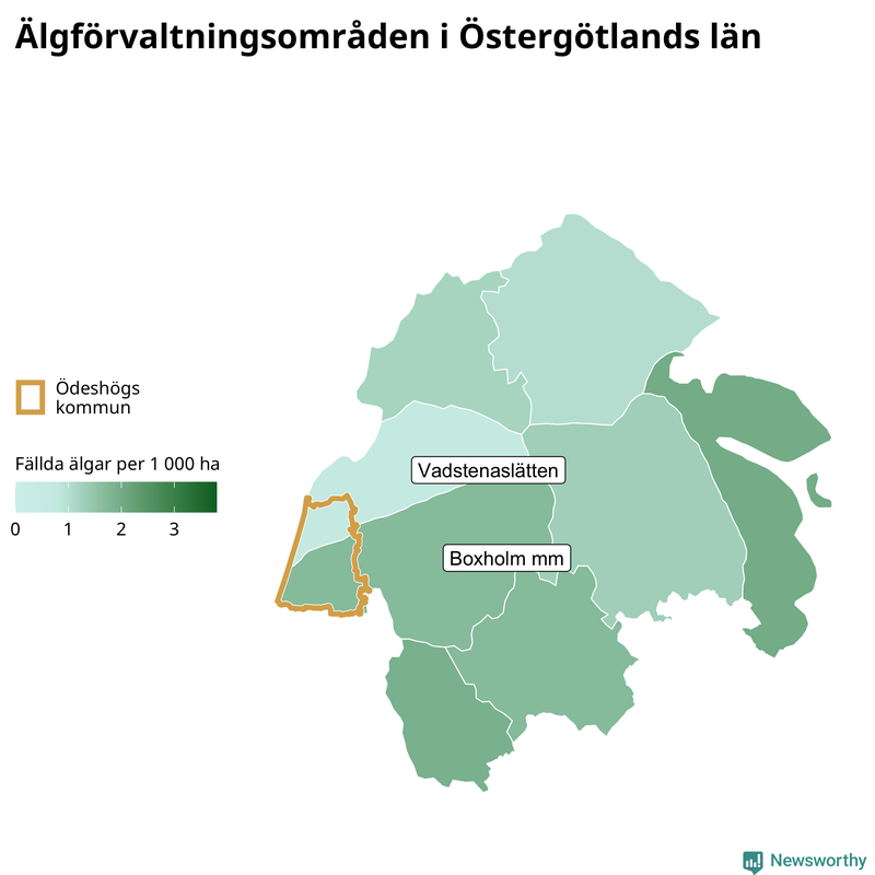 Fällda älgar per 1 000 hektar Östergötlands län