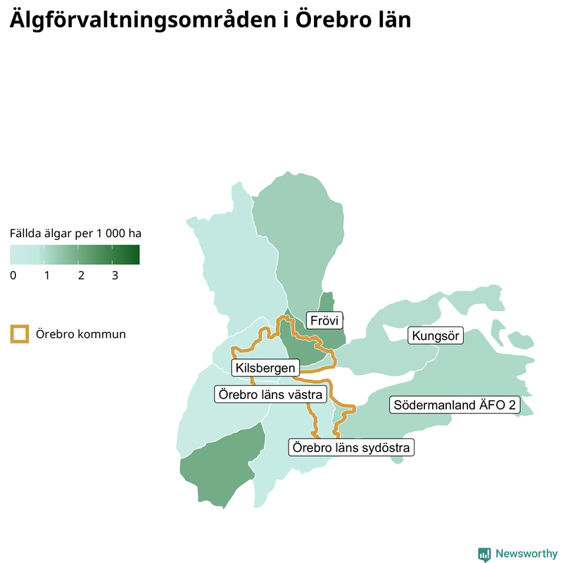Fällda älgar per 1&nbsp;000 hektar Örebro län