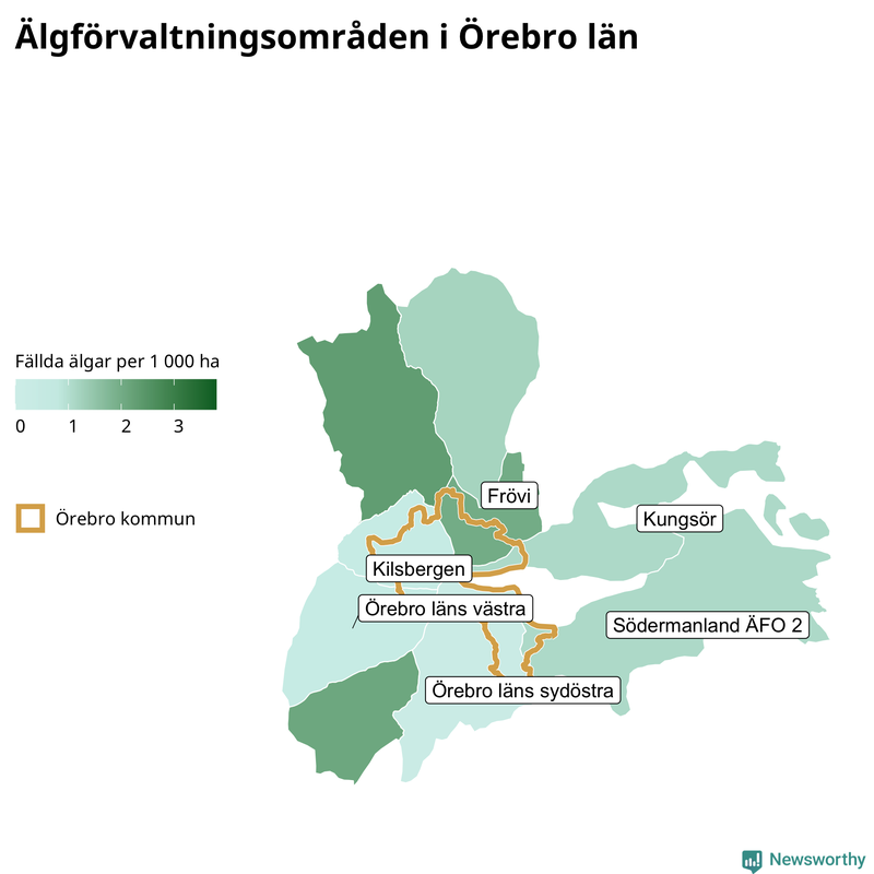 Fällda älgar per 1&nbsp;000 hektar Örebro län