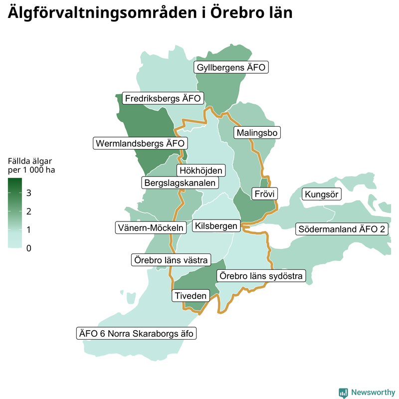 Fällda älgar per 1 000 hektar Örebro län