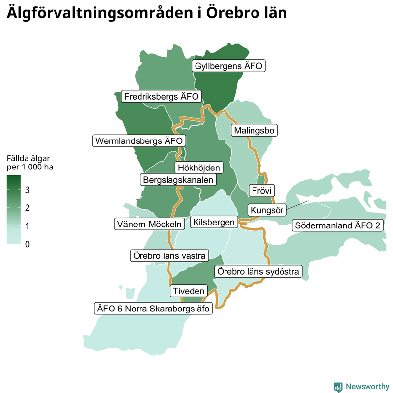 Fällda älgar per 1&nbsp;000 hektar Örebro län