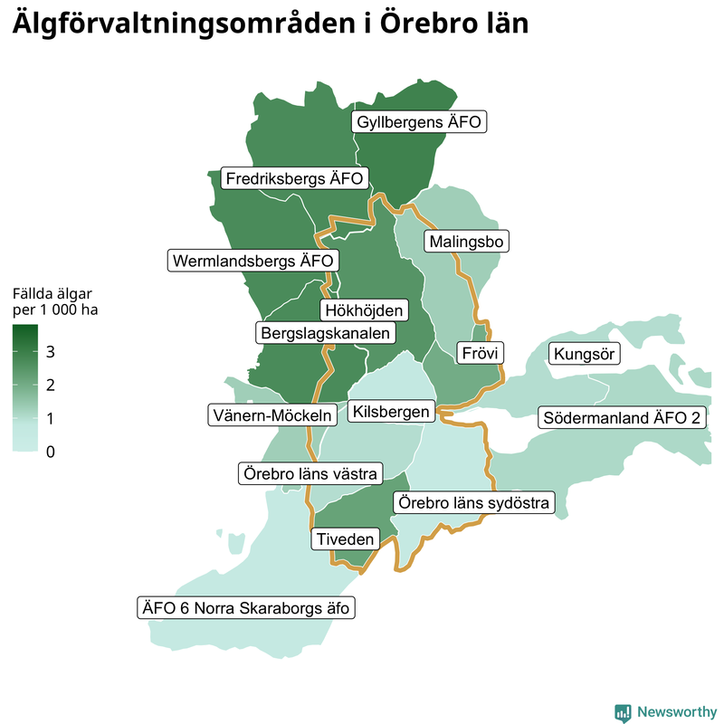 Fällda älgar per 1 000 hektar Örebro län