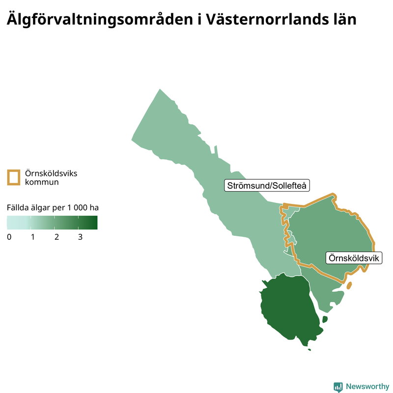 Fällda älgar per 1&nbsp;000 hektar Västernorrlands län