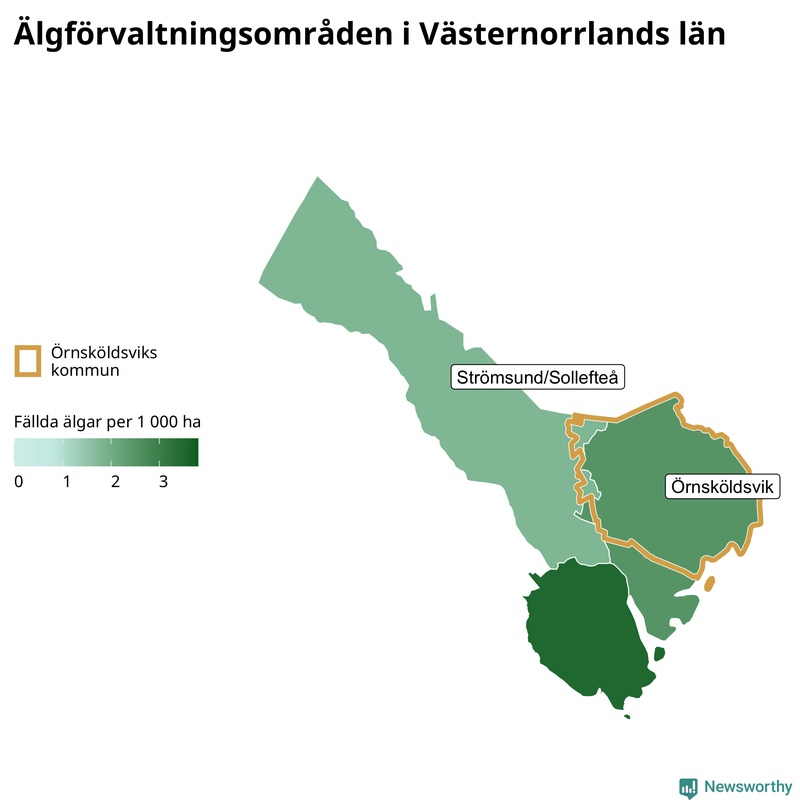 Fällda älgar per 1&nbsp;000 hektar Västernorrlands län