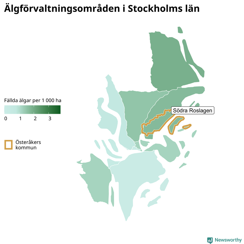 Fällda älgar per 1&nbsp;000 hektar Stockholms län
