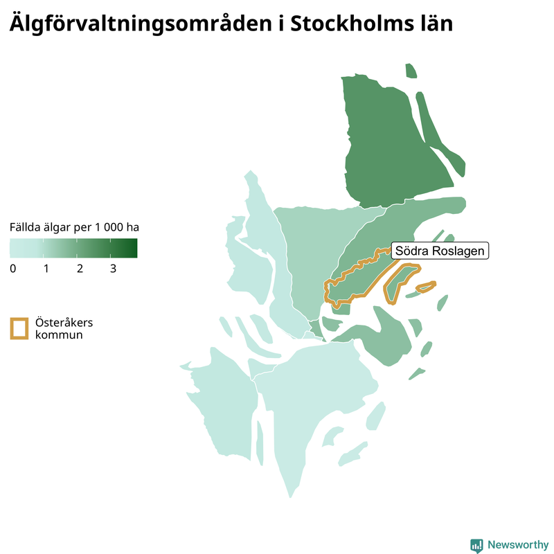 Fällda älgar per 1&nbsp;000 hektar Stockholms län