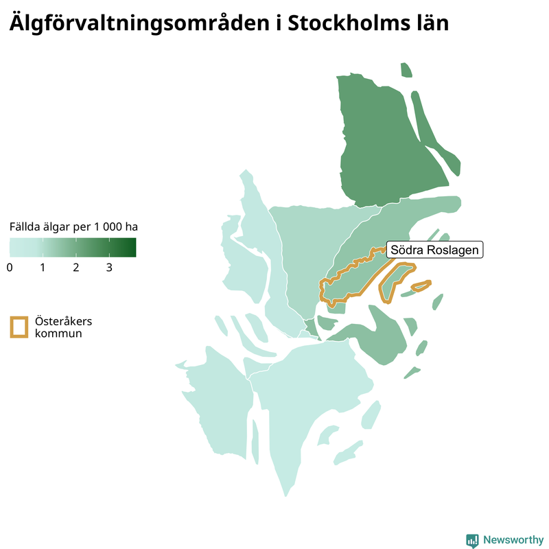 Fällda älgar per 1&nbsp;000 hektar Stockholms län