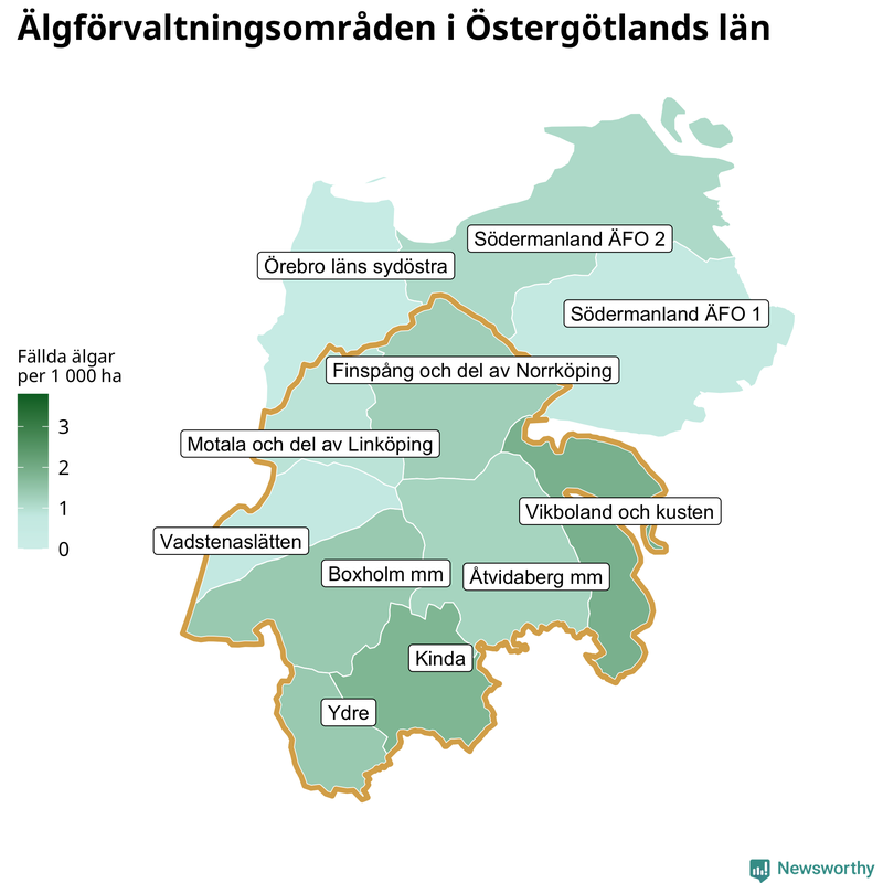 Fällda älgar per 1 000 hektar Östergötlands län