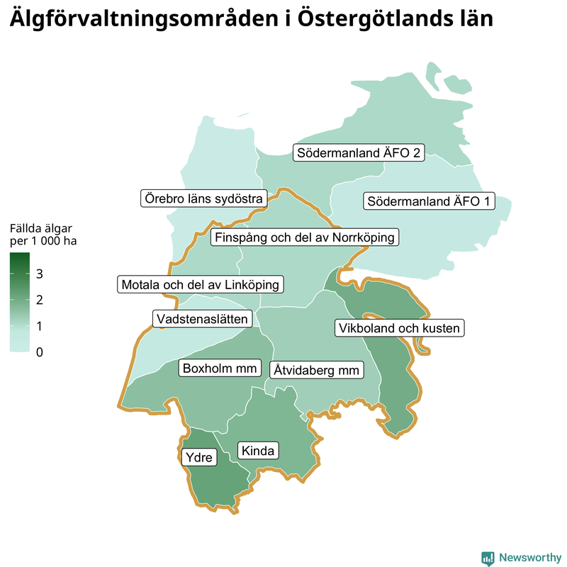 Fällda älgar per 1&nbsp;000 hektar Östergötlands län