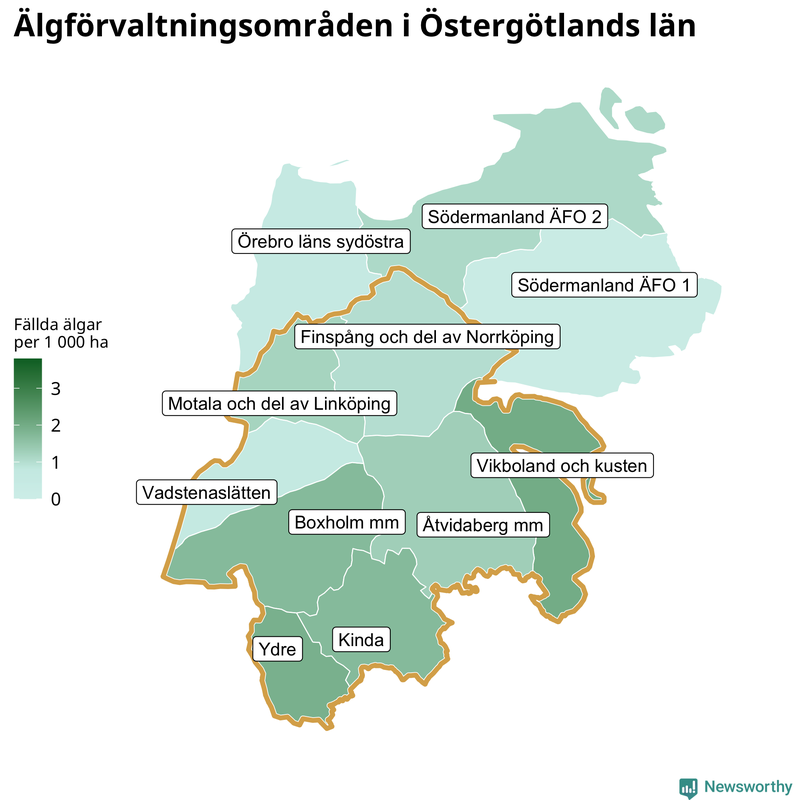 Fällda älgar per 1 000 hektar Östergötlands län