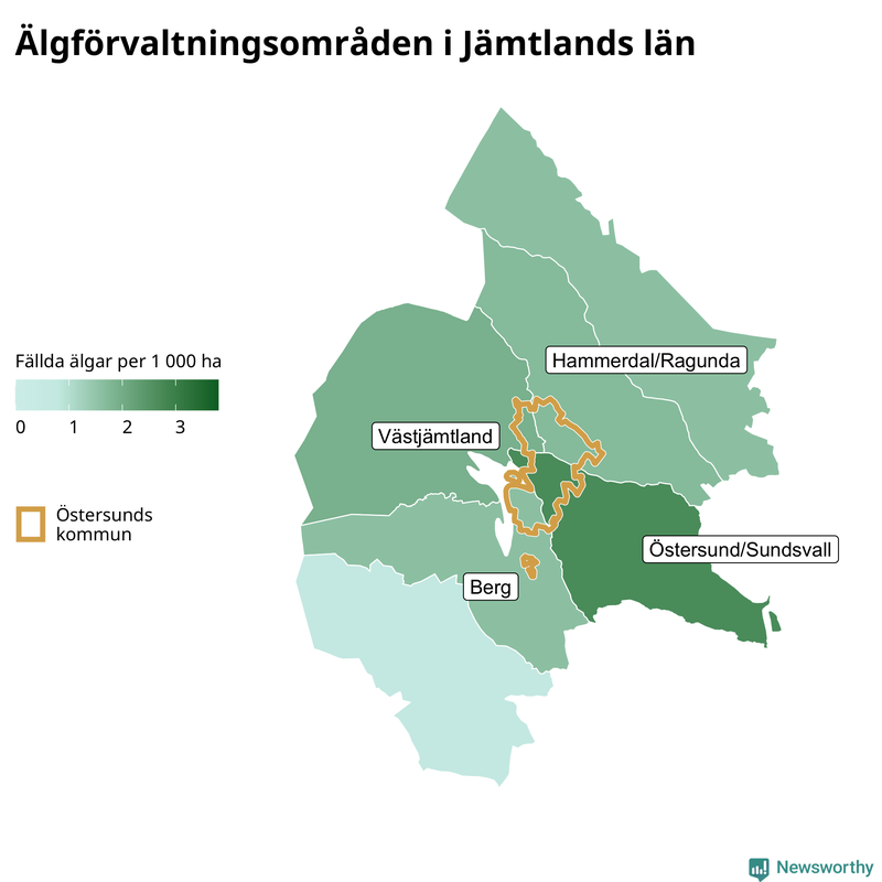 Fällda älgar per 1&nbsp;000 hektar Jämtlands län