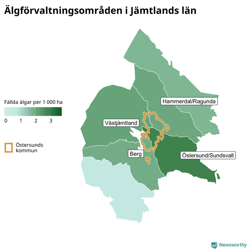 Fällda älgar per 1&nbsp;000 hektar Jämtlands län