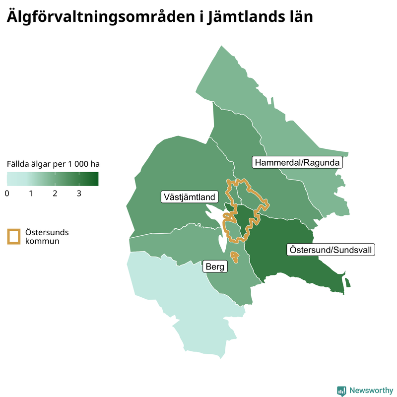 Fällda älgar per 1&nbsp;000 hektar Jämtlands län