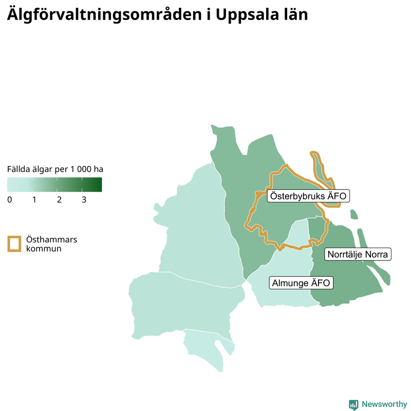 Fällda älgar per 1 000 hektar Uppsala län