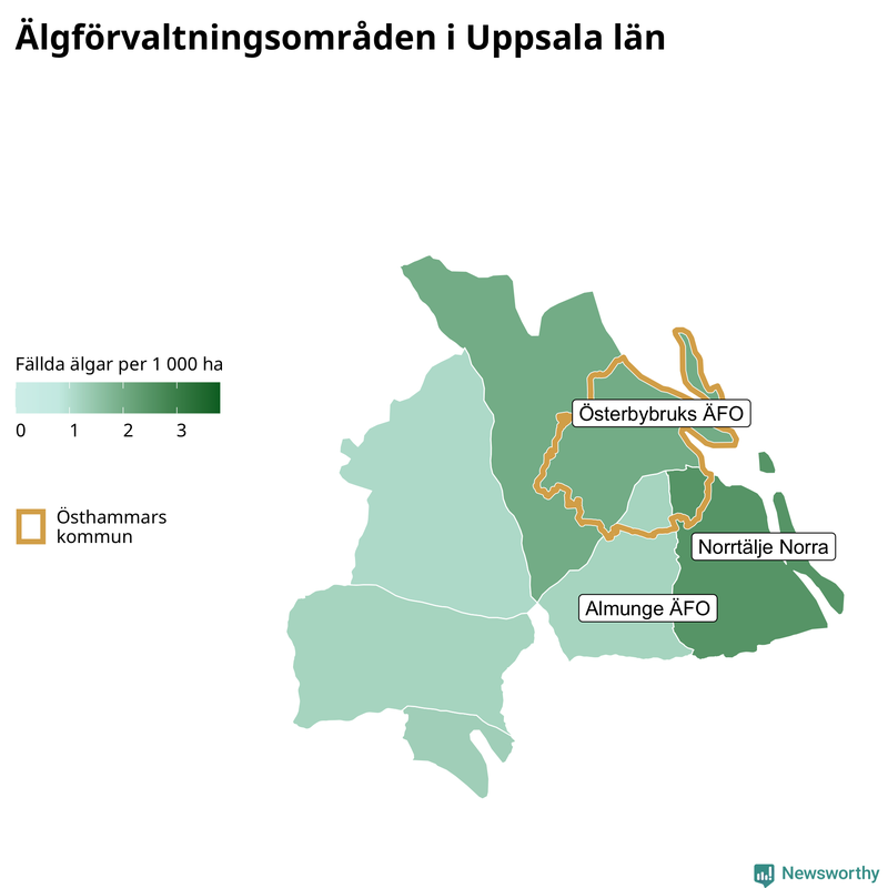 Fällda älgar per 1&nbsp;000 hektar Uppsala län