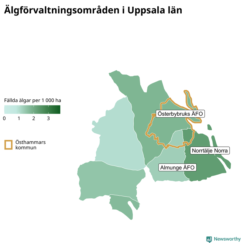 Fällda älgar per 1&nbsp;000 hektar Uppsala län